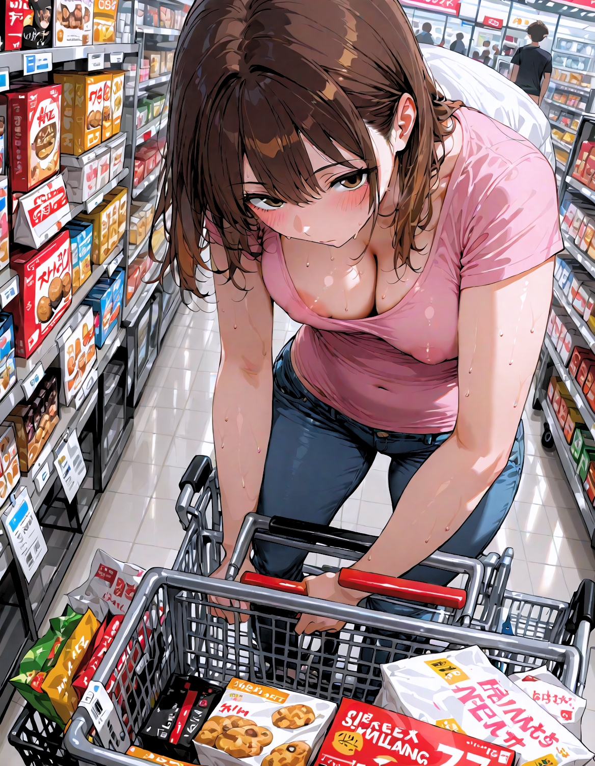 【画像】 人妻さん、買い物中に「乳輪がポロリ」！かがんだ瞬間の熟れた胸がエ□すぎるｗｗｗ