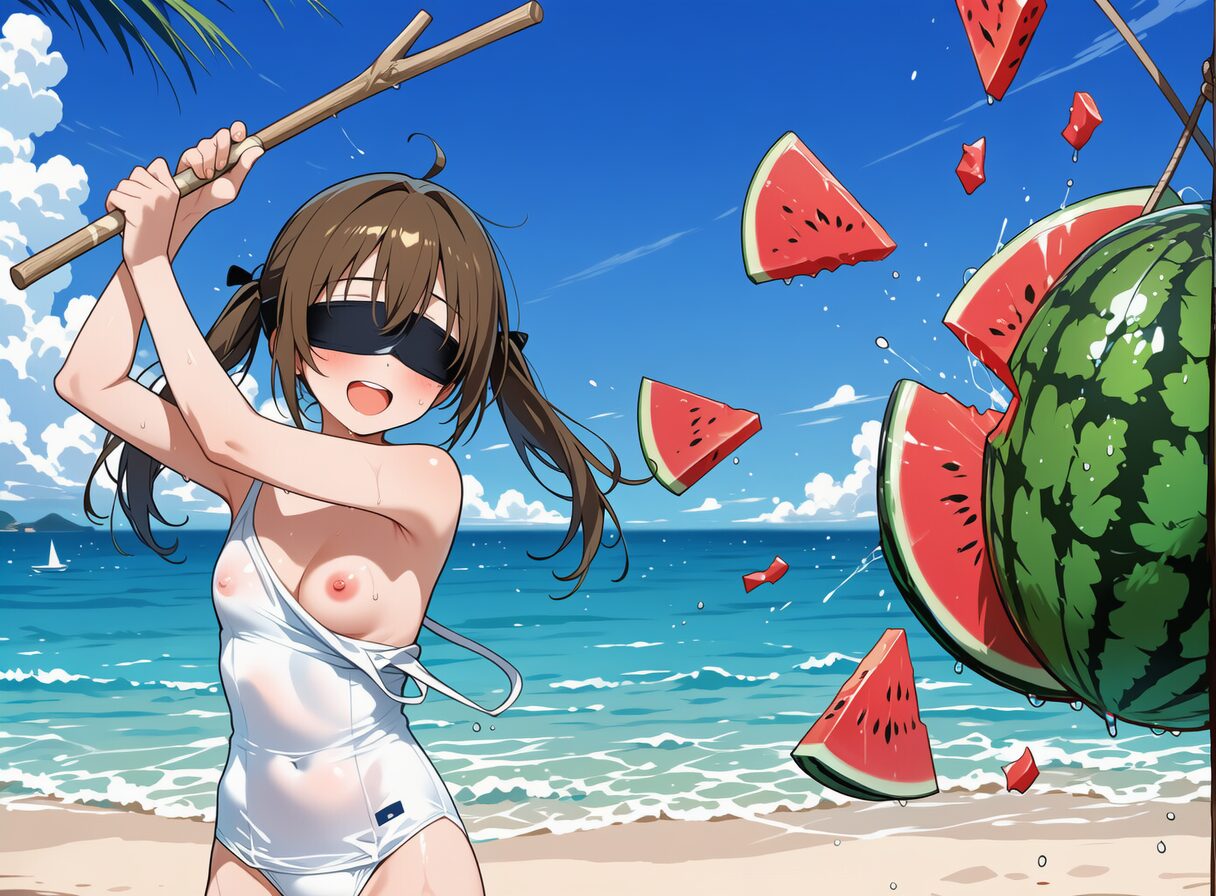 【画像】 JCさん、海でスイカ割り中に「乳首がポロリ」！胸がデカすぎてハミ出してしまうｗｗｗ